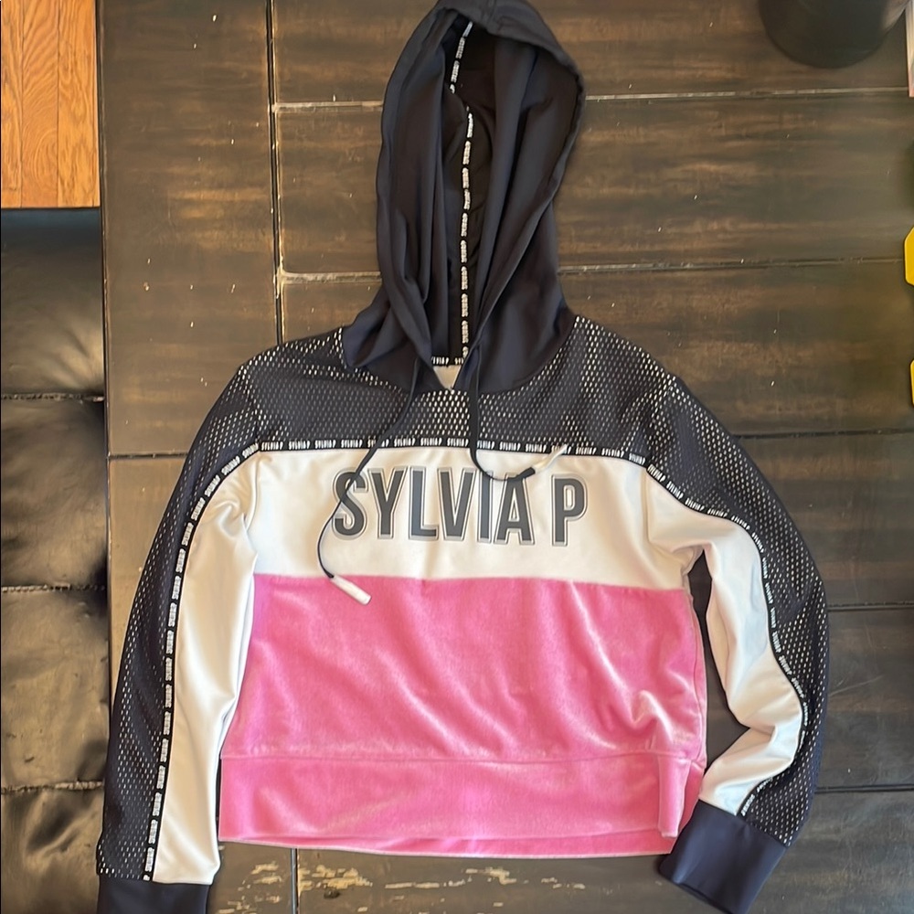 Sylvia P Black Mesh, White and Pink Cropped Hoodie
